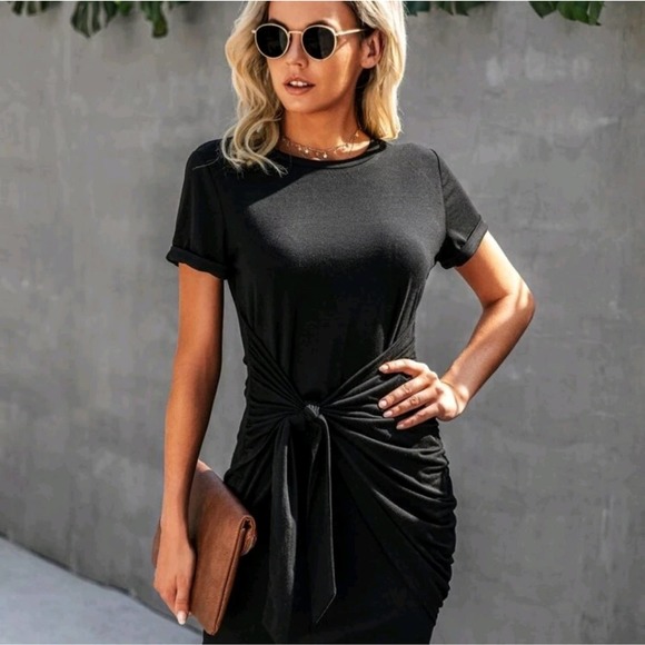 NEW Black Solid Round Neck Self Tie Bodycon Dress - Picture 2 of 10